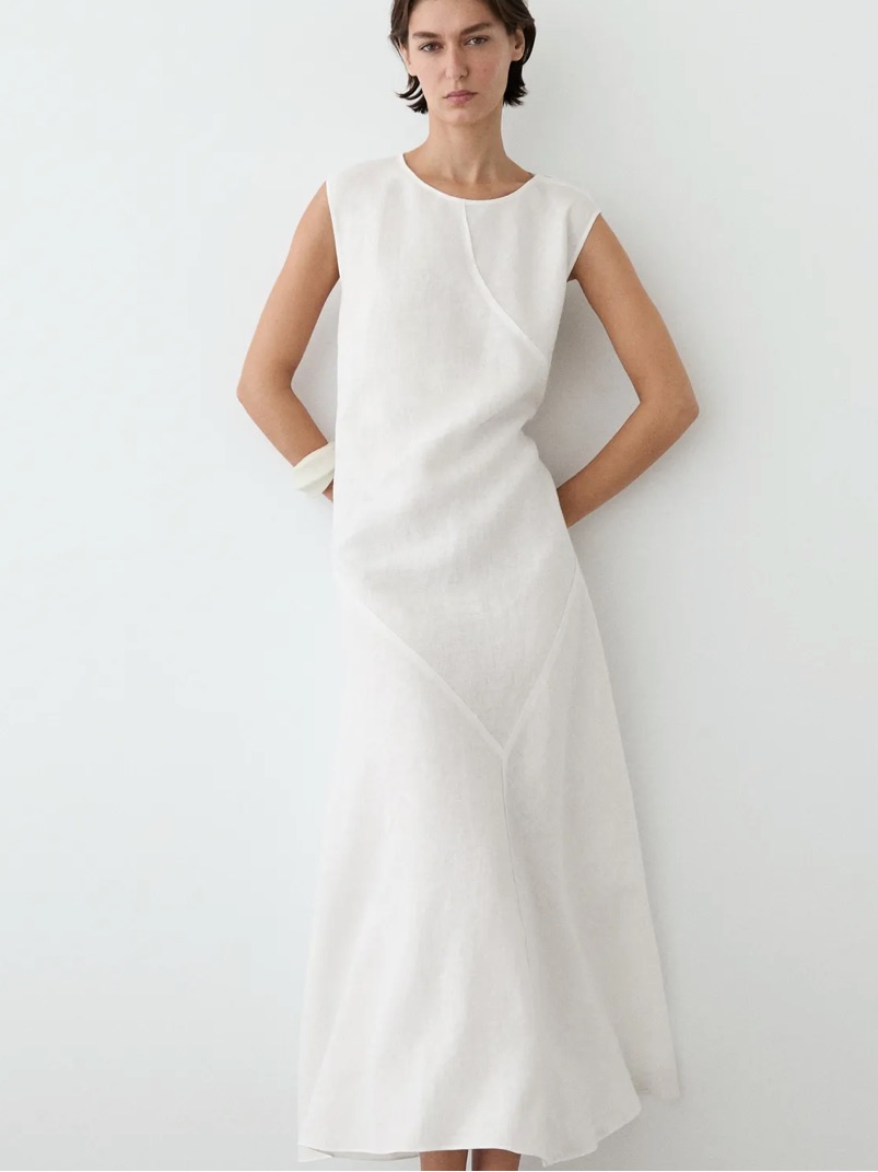 Massimo Dutti Nwt Flowing 100% Linen Midi Dress White 6660/508 — image 5 of 8